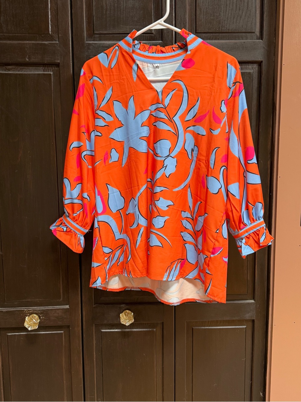 Bright Orange Floral V-Neck Long-Sleeve Blouse